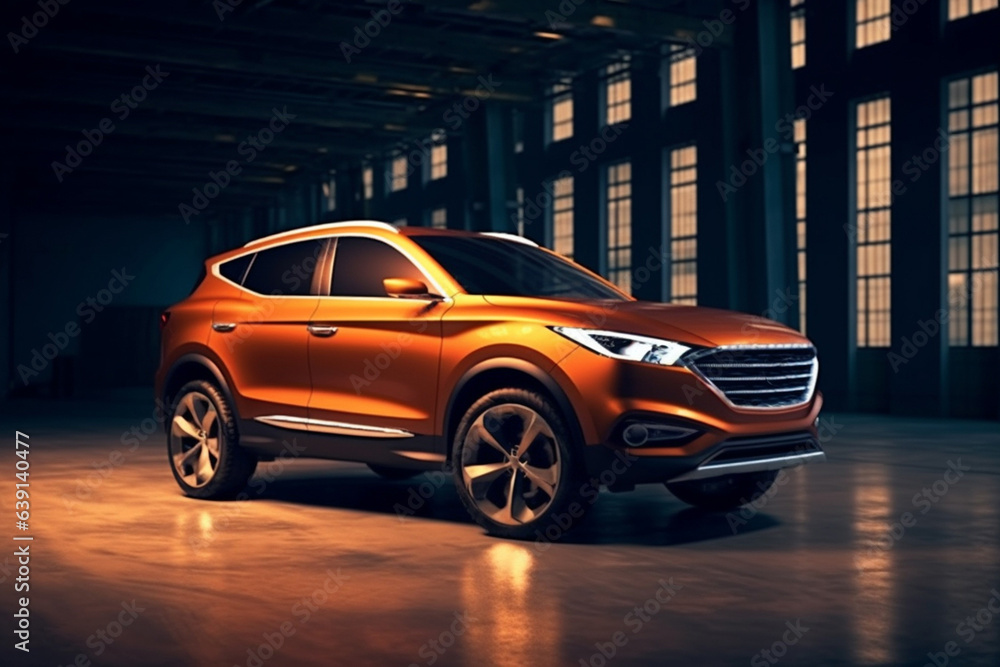 Ultra-modern SUV with a catchy expressive design for young people and families on a black isolated background. Bright glowing headlights. Generative AI