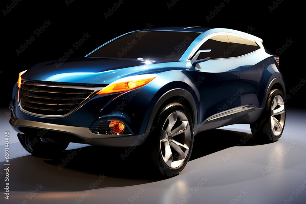 Ultra-modern SUV with a catchy expressive design for young people and families on a black isolated background. Bright glowing headlights. Generative AI
