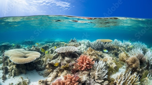 Coral reef fading from vibrant to bleached, highlighting ocean stress   generative AI © ArtisanSamurai