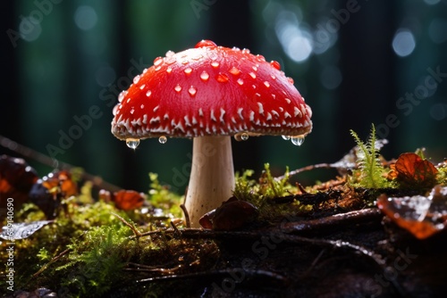 a single, striking red toadstool, its cap adorned with morning dew that catches the first light of dawn. As the silvery droplets reflect the surrounding autumnal colors, the close-up captures the intr