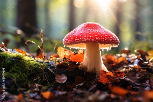 a single, striking red toadstool, its cap adorned with morning dew that catches the first light of dawn. As the silvery droplets reflect the surrounding autumnal colors, the close-up captures the intr