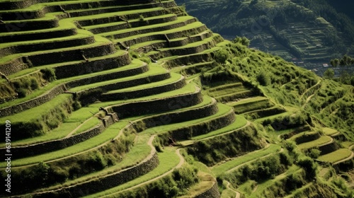 Erosion-scarred hillside restored with terraced agriculture. | generative AI