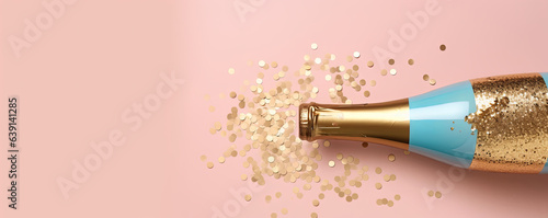 Bottle of champagne and confetti on pink background, top view, Generative AI
