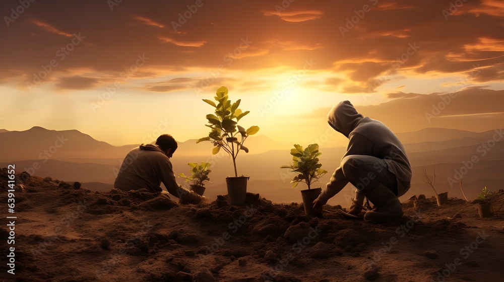 two men planting plants in the summer , creative concept , ai generative  - obrazy, fototapety, plakaty 