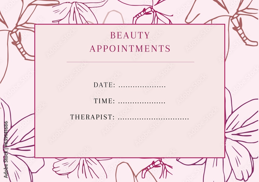 Illustration of beauty appointments with date, time, therapist text and abstract patterns