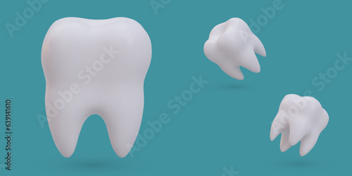 Set of realistic angular teeth. White healthy molar, view from different sides. Clean tooth with shadows and highlights. Illustration for dental business