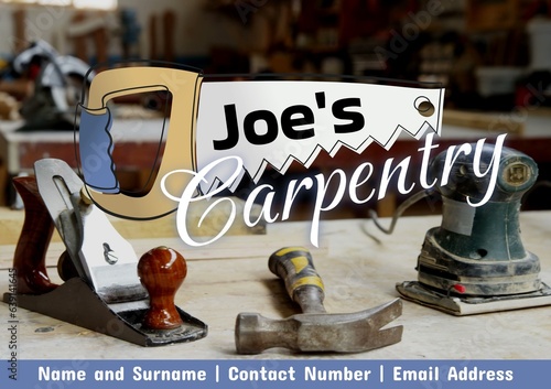 Composite of handsaw and joe's carpentry text, workbench in workshop, name surname, contact, email