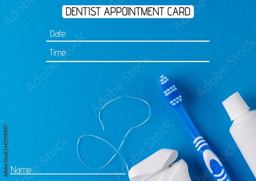 Composite of dentist appointment card with name, date, time text over toothbrush, toothpaste, floss