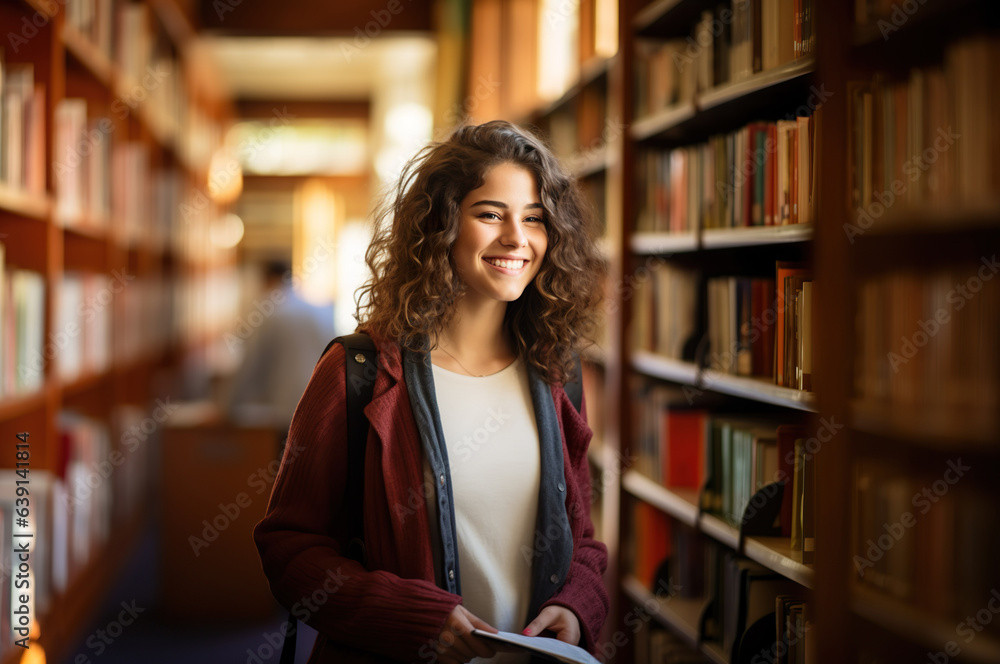 AI generated image of young female standing in library AI generated image of young female standing in library