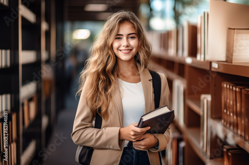 AI generated image of young female standing in library © Kalim