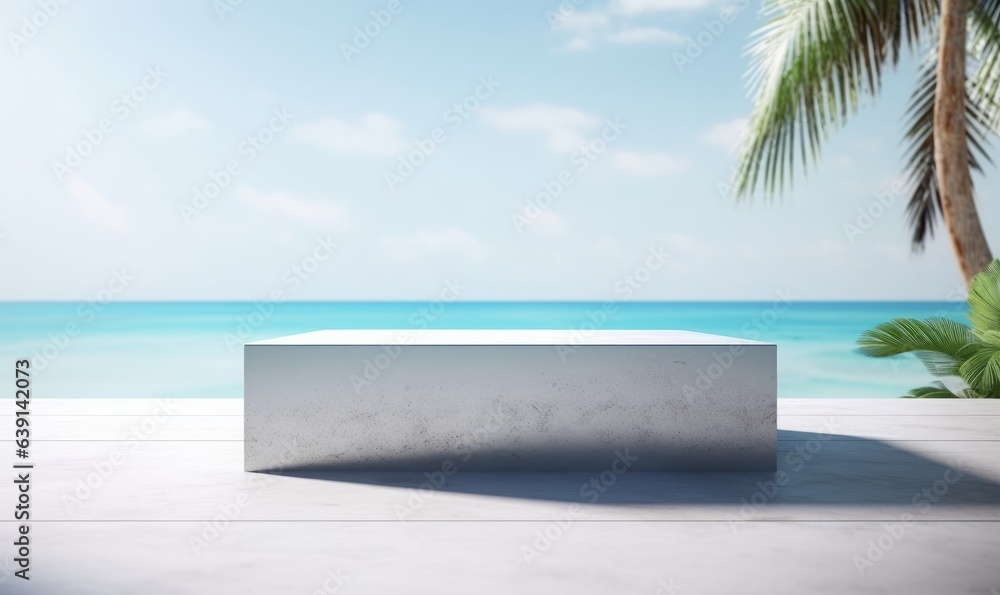 selective focus. interiors of concrete podium or table top with tropical sea background.relax and vacation concepts. Generative AI selective focus. interiors of concrete podium or table top with tropical sea background.relax and vacation concepts. Generative AI