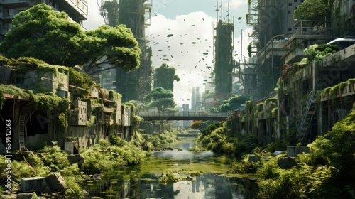 Polluted cityscape transformed into lush green haven over time | generative AI