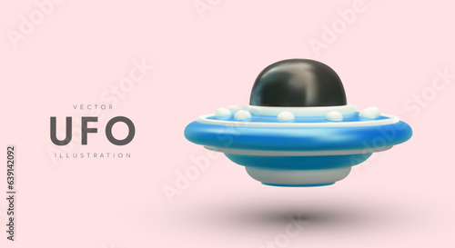 Vector flying disc. 3D spaceship of aliens. World UFO Day. Mystical cosmos. Color poster with place for text. Secrets of ufologists. Unearthly technologies