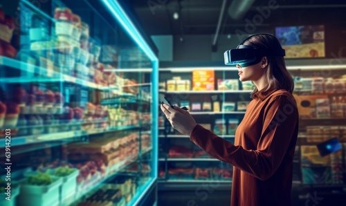 person wearing vr glass,virtual reality headsets and using virtual assistant or panel interface hologram transparent for shopping product.technology development.generative ai, Generative AI