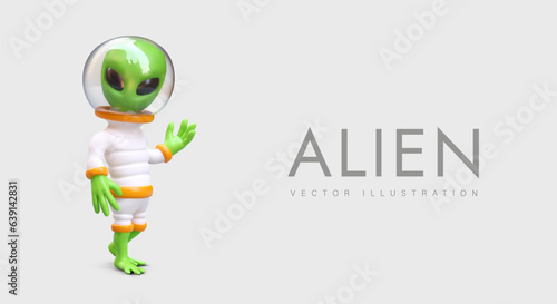 Green alien in space suit with transparent helmet. Realistic humanoid greeting gesture. Extraterrestrial civilization. Color character in cartoon style. Banner layout