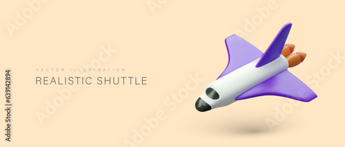 Realistic shuttle in flight. Spaceship with engine running, fire from nozzle. Space excursions, expeditions. Flight in weightlessness. Vector color concept