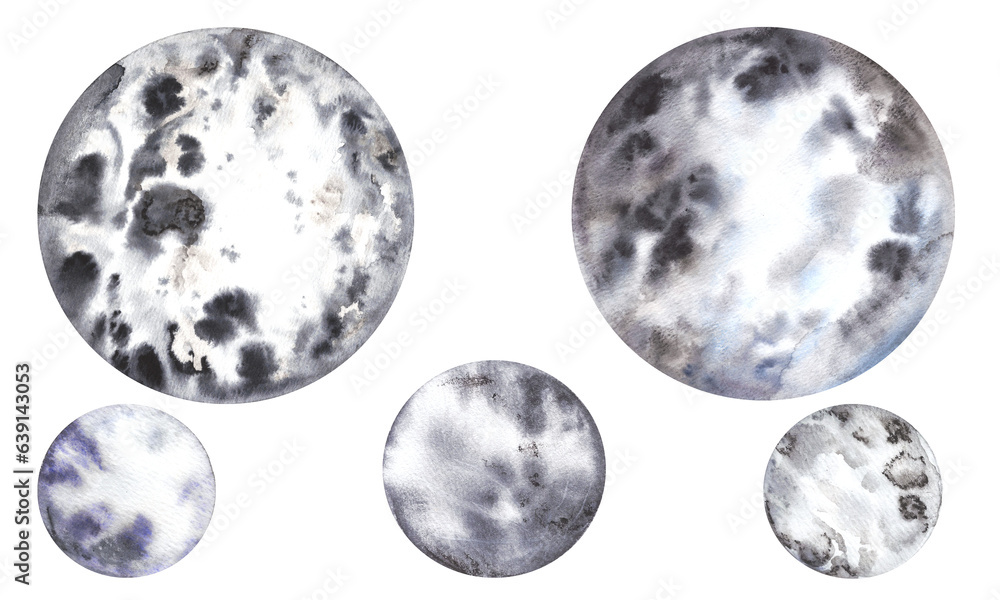Obraz premium Set of space planets, moons with texture and stains colorful abstract geometric circle in gray tones. Watercolor illustration isolated on transparent background