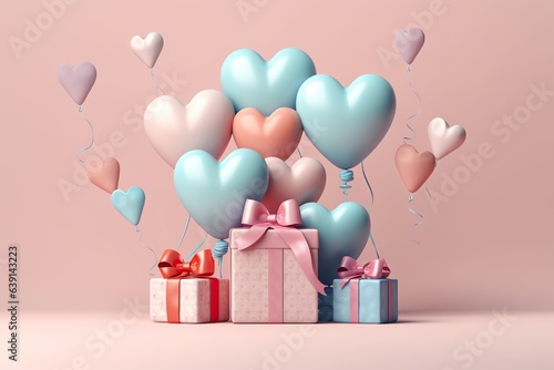 3D Illustration of heart-shaped balloons and gift boxes in pastel colors, simple background © JetHuynh