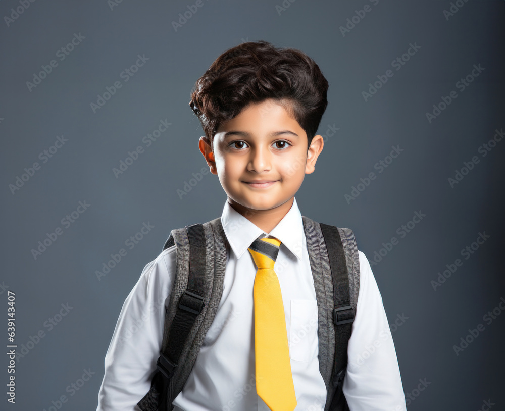 Indian little happy school boy with backpack, looking at camera white standing isolated Indian little happy school boy with backpack, looking at camera white standing isolated
