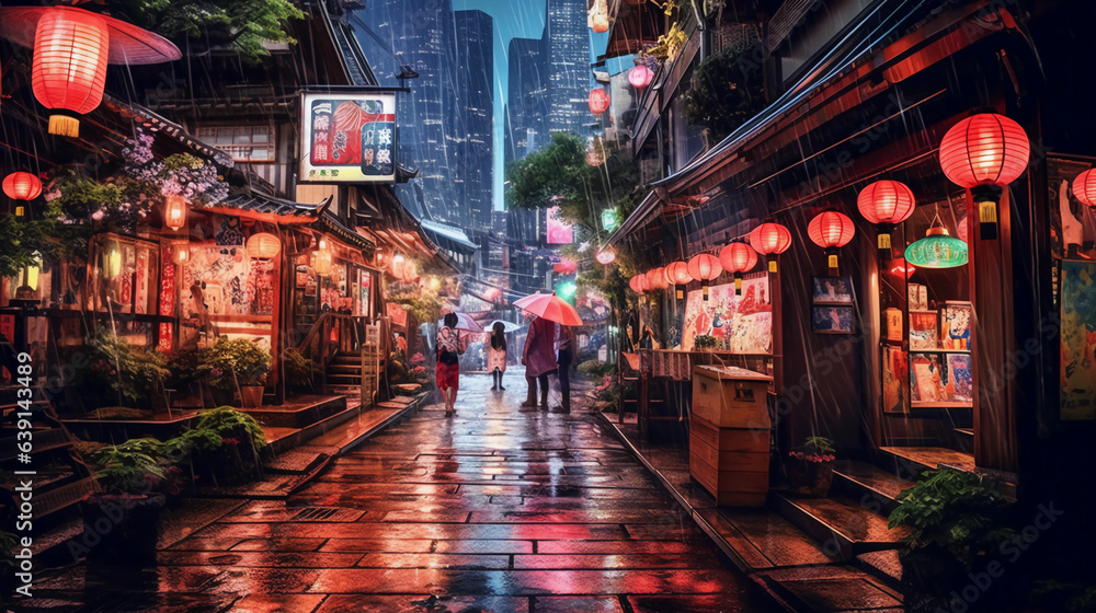 Fototapeta premium Chinatown's nightlife drinking district in Japan. Generative AI.
