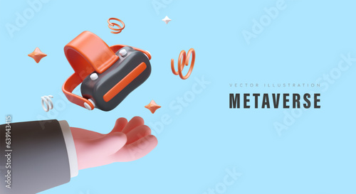Concept of metaverse. Accessories for virtual reality. Advertising banner for store of computer gadgets. Poster for interactive room, club. Virtual cinema