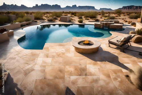 A backyard in Arizona with a pool deck made of travertine tiles, complementing the desert scenery
