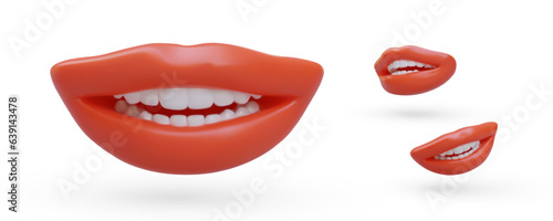 Realistic isolated human smile. Set of vector objects. Healthy white teeth. Icons for dental business. Oral health care. Even bite. Lip correction. Cosmetic surgery. Image with shadows