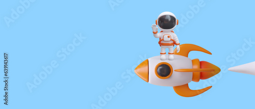 Astronaut stands on space rocket and waves his hand. Vector poster on blue background. Discoverer. Launching new project. Place for slogan, announcement, logo