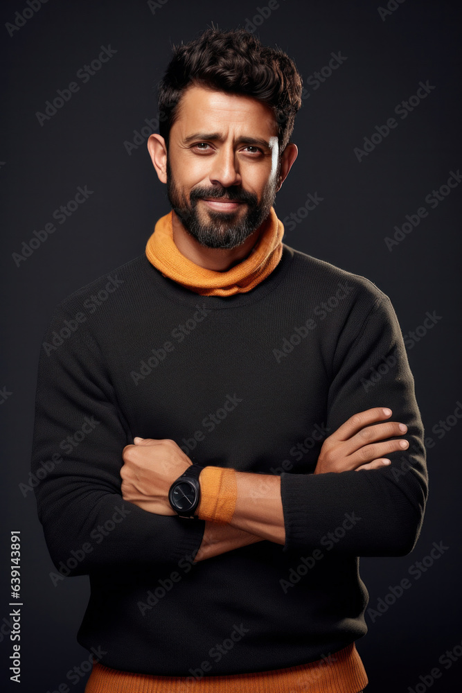 Handsome and cheerful Indian young man wears sweater in winter, looking at camera