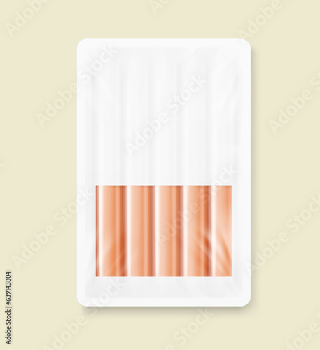 A realistic of a sausage tray container mockup with transparent top film. Vector illustration isolated on colourful background. Template ready to use for your design. EPS10.