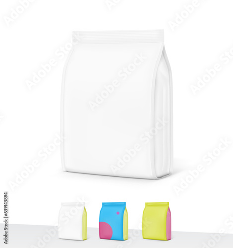 Realistic package bag mockup with samples. Half side view. Vector illustration isolated on white background. Can be use for template your design, presentation, promo, ad. EPS10.