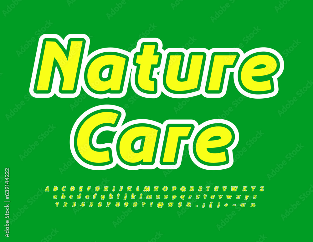 Naklejka premium Vector creative logo Nature Care with bright Font. Yellow and Green Alphabet Letters and Numbers set. 