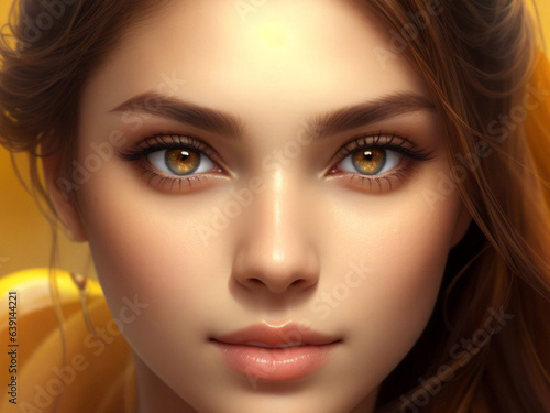 Beautiful young woman with long brown hair on yellow background. Close-up portrait. Fictitious person illustration made by Generative AI.