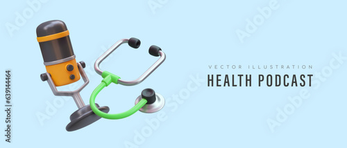 Health podcast. Discussion of problems, diagnoses, answers to patients questions. Horizontal banner in cartoon style. Concept on blue background, place for text