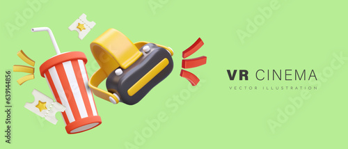 Virtual reality movies. Innovative cinema, simulation. Accessories for viewing augmented reality. 3D glasses VR, drink, tickets. Advertising template for interactive club