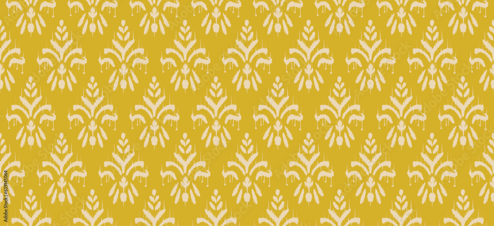Motif ethnic handmade beautiful Ikat art. Ethnic abstract floral yellow background art folk embroidery, Peruvian, Indian, Asia, Moroccan, Turkey, and Uzbek style. Aztec art brown ornament print.