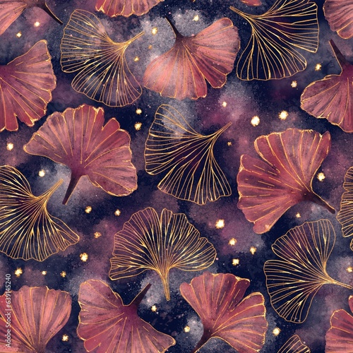 Gingko leaves isolated on dark blue background, seamless pattern. Hand drawn with watercolors. Suitable for all print on demand products.