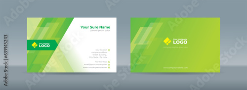 Set of double sided business card templates with simple minimalist modern abstract random transparent skew rectangle glass on green background photo