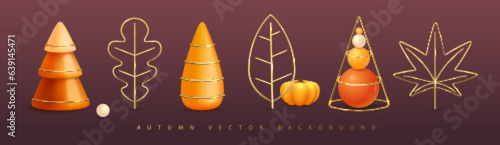 Set of 3D autumn plastic and metal elements: oak lef, maple leaf, autumn tree, christmas tree, pumpkin. Vector illustration