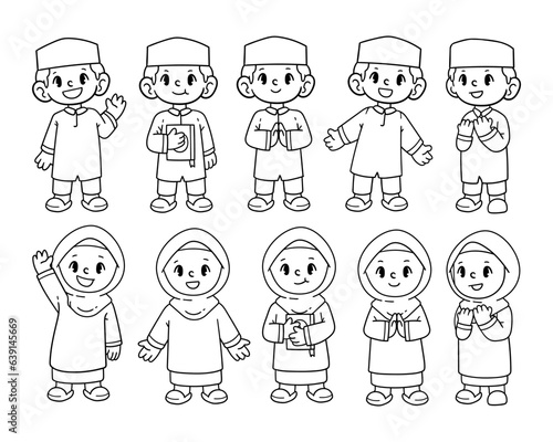 Muslim kids character outline sketch illustration