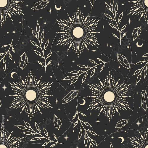 Vector seamless pattern with  moon, plants and stars. Mystical esoteric background for design of fabric, packaging, astrology, phone case, wrapping paper.