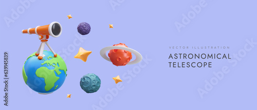 3D telescope stands on Earth. Space in cartoon style. Color vector poster. Stargazing, interesting hobby. Cute ad. Discovery of new planets, stars, galaxies