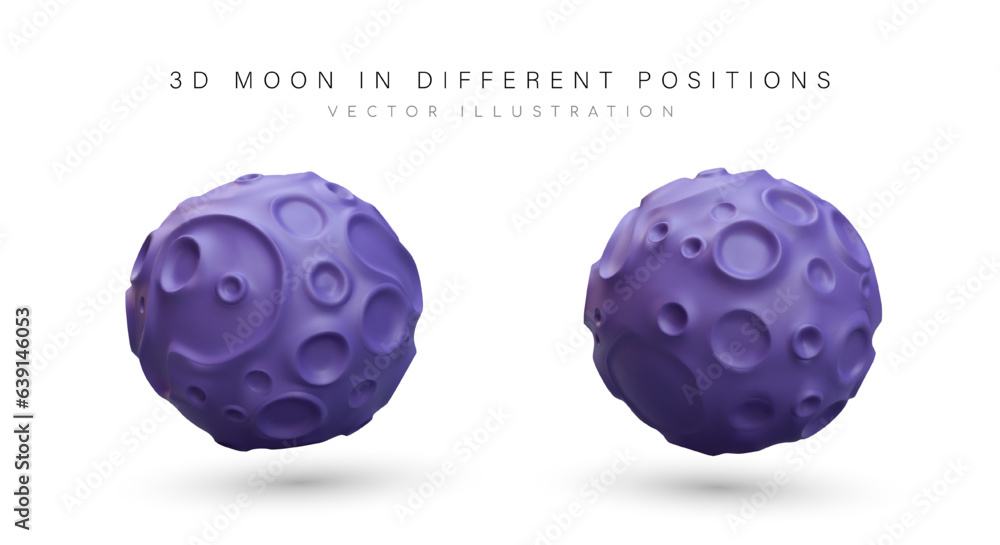 3D purple full moon with craters. Celestial body, satellite of Earth. Dead planet. Textured vector image. View from different sides. Color icons for web design 3D purple full moon with craters. Celestial body, satellite of Earth. Dead planet. Textured vector image. View from different sides. Color icons for web design