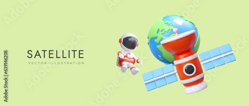 Communication satellite, Earth, astronaut in outer space. Global positioning system, GPS. Data collection and transmission services. Espionage, monitoring, surveillance