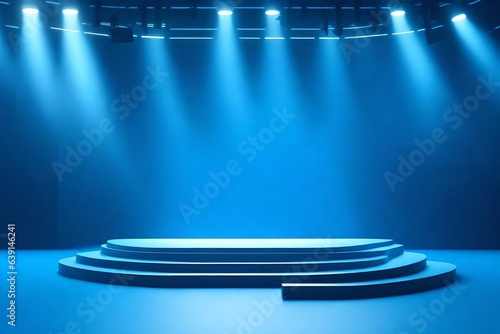 3d podium on blue stage with ramp lights