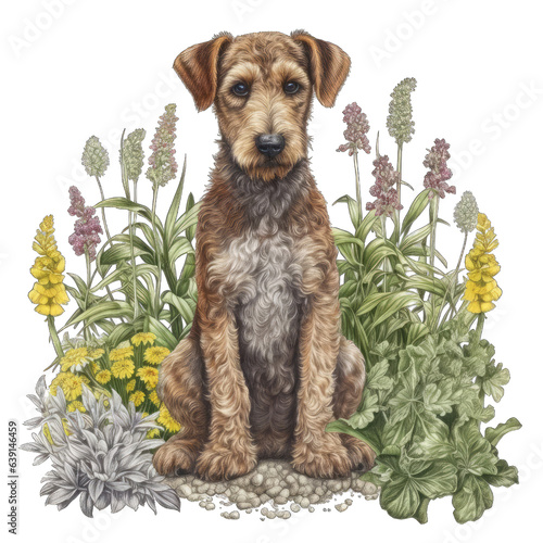 Wallpaper Mural Nature's Companion: Highly Detailed Illustration of an Airedale Terrier Puppy with Flowers and Herbs isolated on transparent background png - Generative AI Torontodigital.ca