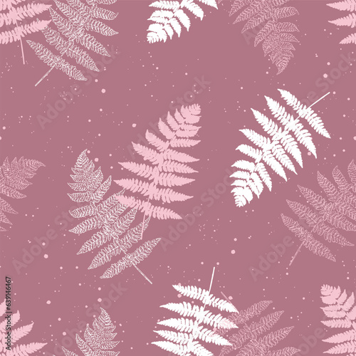 Seamless pattern with paint prints of fern leaves. Pink
