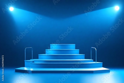 3d podium on blue stage with ramp lights