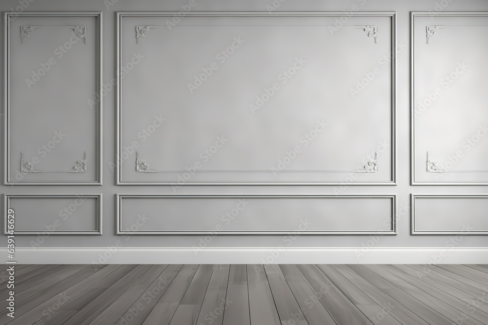 front view, gray color wall backdrop, wall with moulding trim,wooden floor, empty room, empty wall, daylight front view, gray color wall backdrop, wall with moulding trim,wooden floor, empty room, empty wall, daylight