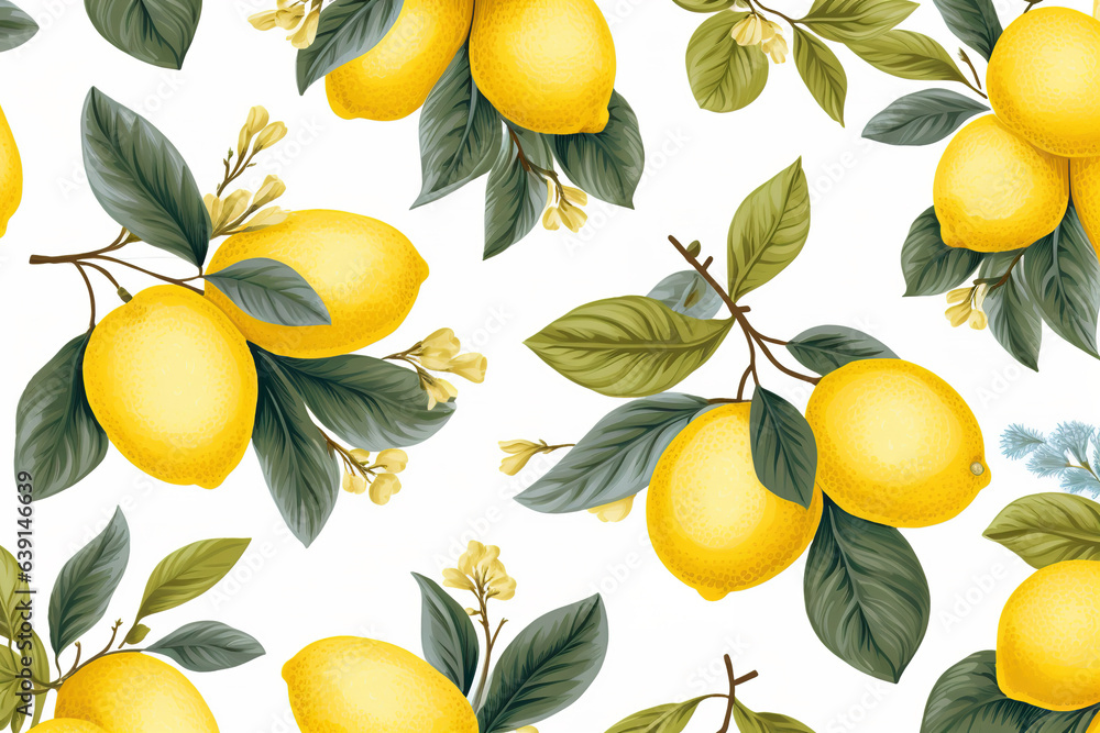 Mediterranean style lemons on white background repeating, pattern, vector, seamless pattern